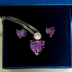 Simulated heart shaped amethyst necklace and earrings set.